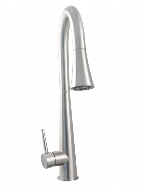 Baterie monocomandă de bucătărie din inox SUS 304 cu duș extractibil și pipă rotativă la 360°