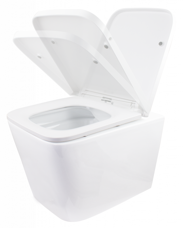 WC suspendat ERMETIQ SQUARE cu capac soft-close și dimensiuni 505 × 350 × 350 mm