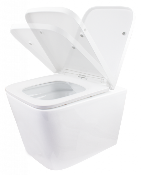 WC suspendat ERMETIQ SQUARE cu capac soft-close și dimensiuni 505 × 350 × 350 mm