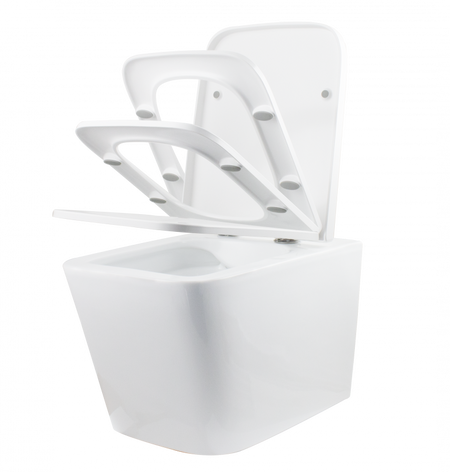 WC suspendat ERMETIQ SQUARE cu capac soft-close și dimensiuni 505 × 350 × 350 mm