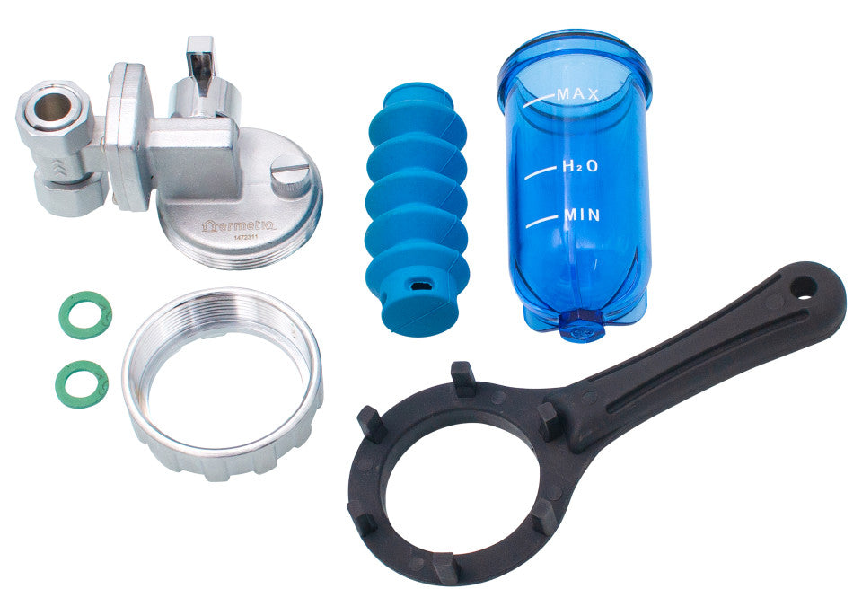 Filtru anticalcar cu polifosfat Ermetiq, cu robinet și flanșă rotativă, racord de 1/2″