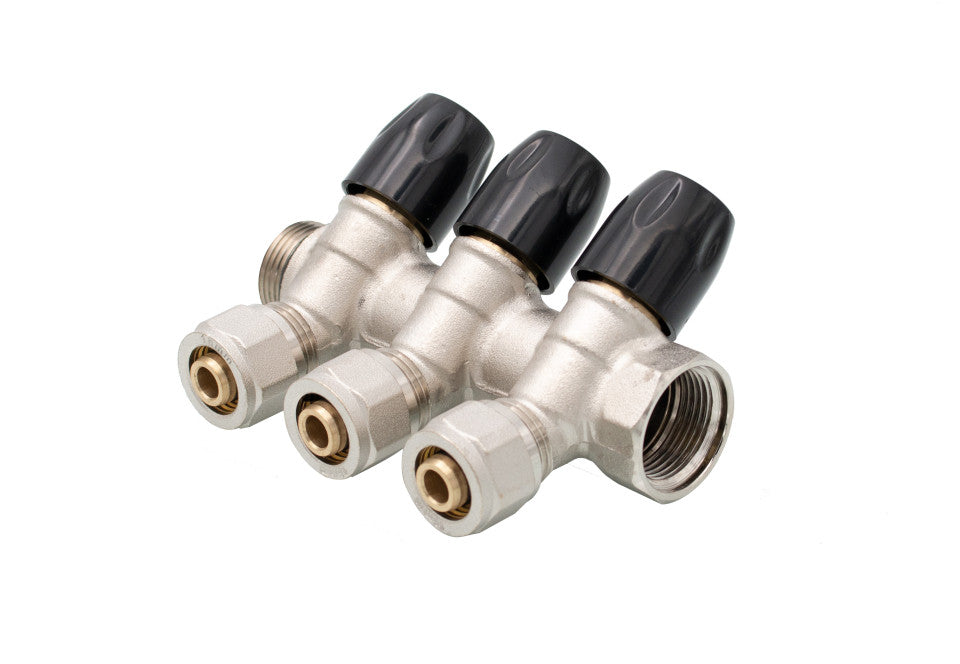Distribuitor din alamă cromată în unghi cu 3 căi 3/4 inch cu euroconuri 16×2 mm