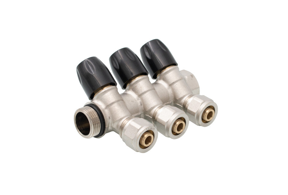Distribuitor din alamă cromată în unghi cu 3 căi 3/4 inch cu euroconuri 16×2 mm