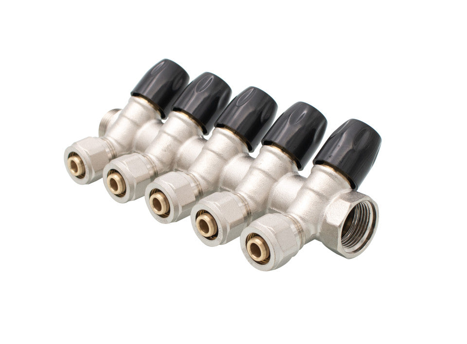 Distribuitor din alamă cromată în unghi cu 5 căi 3/4 inch × 16 mm cu robineți cu reglaj