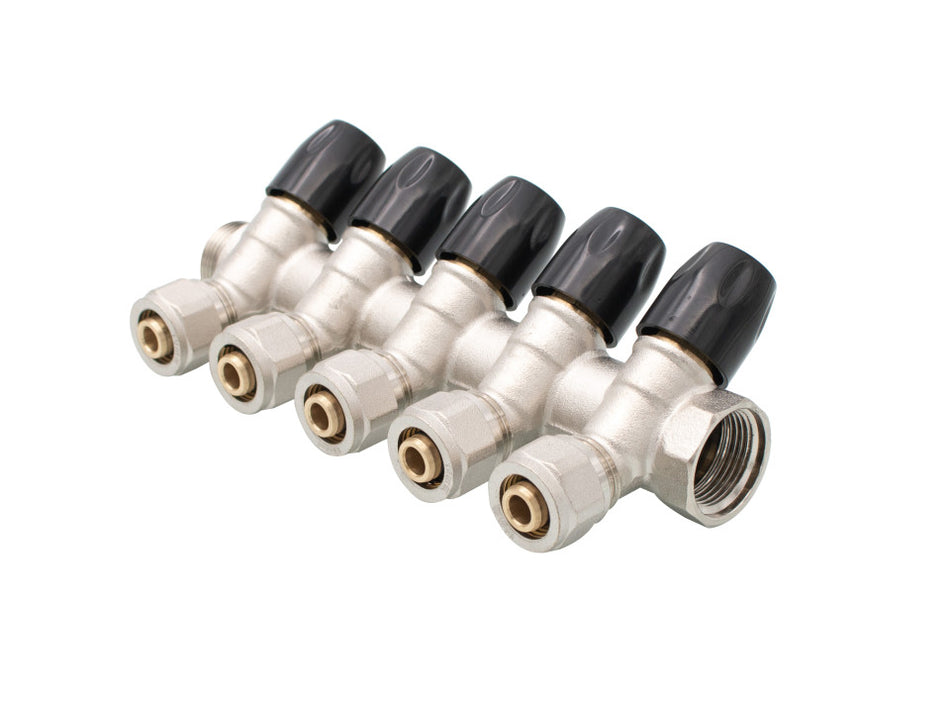 Distribuitor din alamă cromată în unghi cu 5 căi 3/4 inch × 16 mm cu robineți cu reglaj