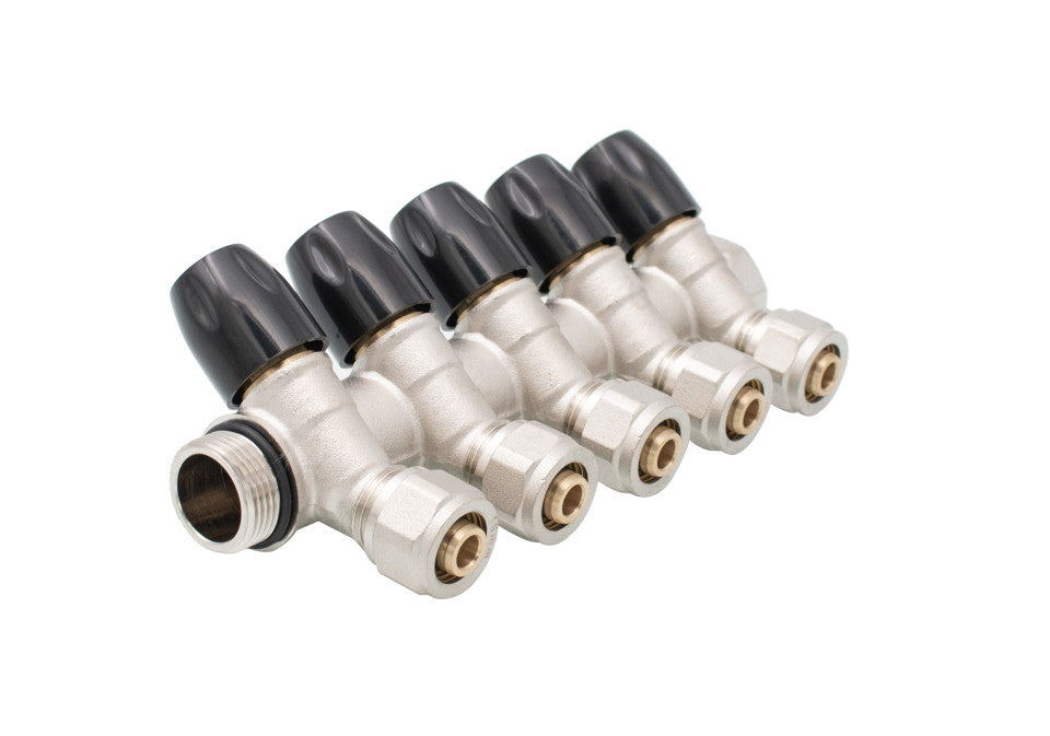Distribuitor din alamă cromată în unghi cu 5 căi 3/4 inch × 16 mm cu robineți cu reglaj