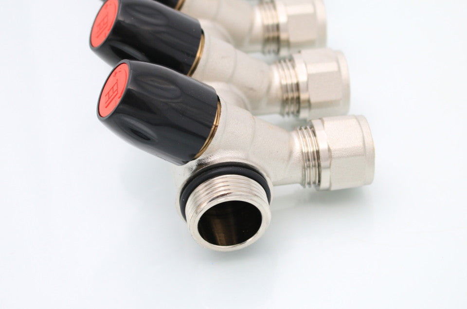 Distribuitor din alamă cromată în unghi cu 3 căi 3/4 inch cu euroconuri 16×2 mm