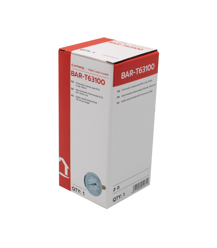 Termometru de imersie axial Ermetiq cu cadran de 63 mm și tijă de 100 mm, 0-120 °C