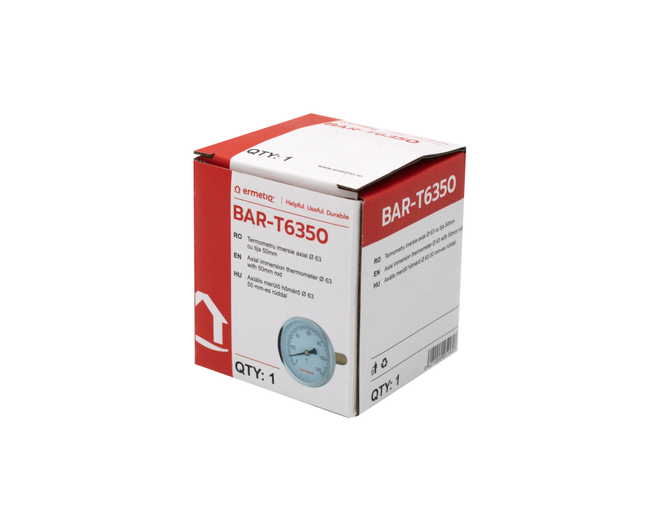 Termometru de imersie axial Ermetiq cu cadran de 63 mm și teacă de 50 mm, 0-120 °C