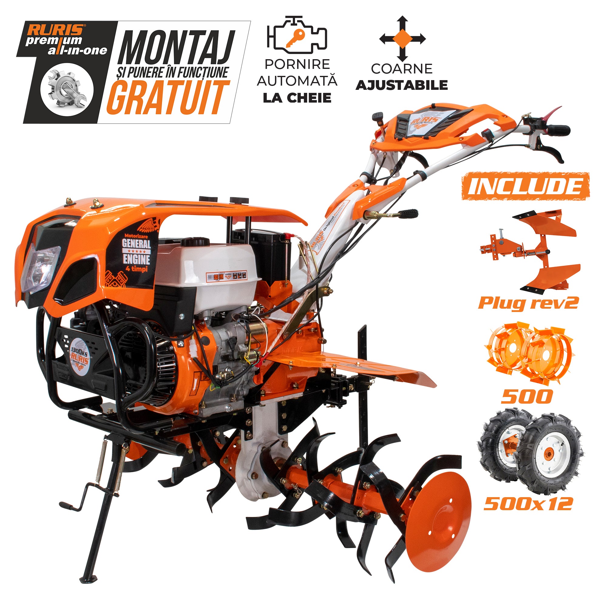 Motocultor RURIS 1300KS + roti cauciuc 5.00-12+plug reversibil rev2+roti metalice 500+set contragreutati 20kg -1