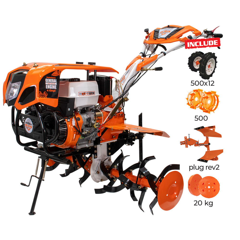 Motocultor RURIS 1300KS + roti cauciuc 5.00-12+plug reversibil rev2+roti metalice 500+set contragreutati 20kg -28