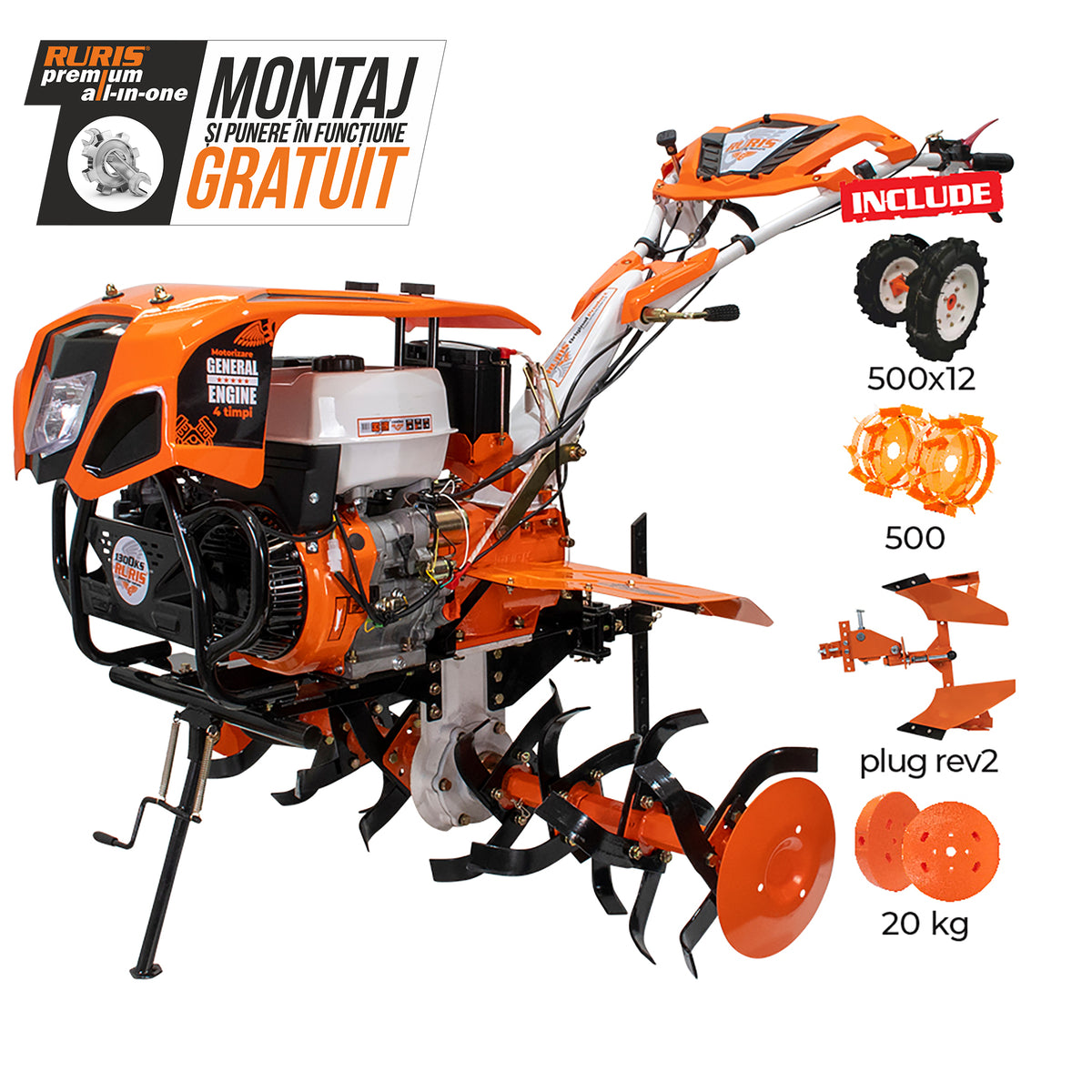Motocultor RURIS 1300KS + roti cauciuc 5.00-12+plug reversibil rev2+roti metalice 500+set contragreutati 20kg -11