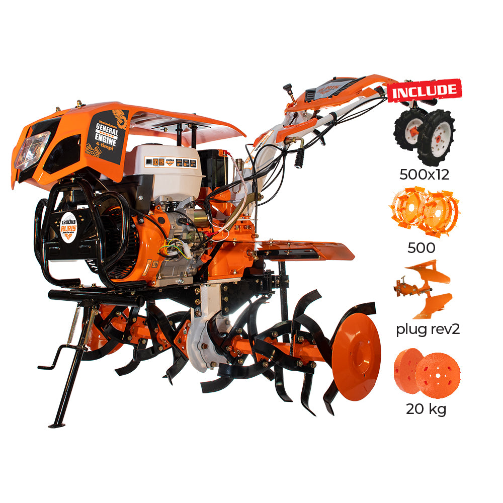 Motocultor RURIS 1300KS + roti cauciuc 5.00-12+plug reversibil rev2+roti metalice 500+set contragreutati 20kg -30