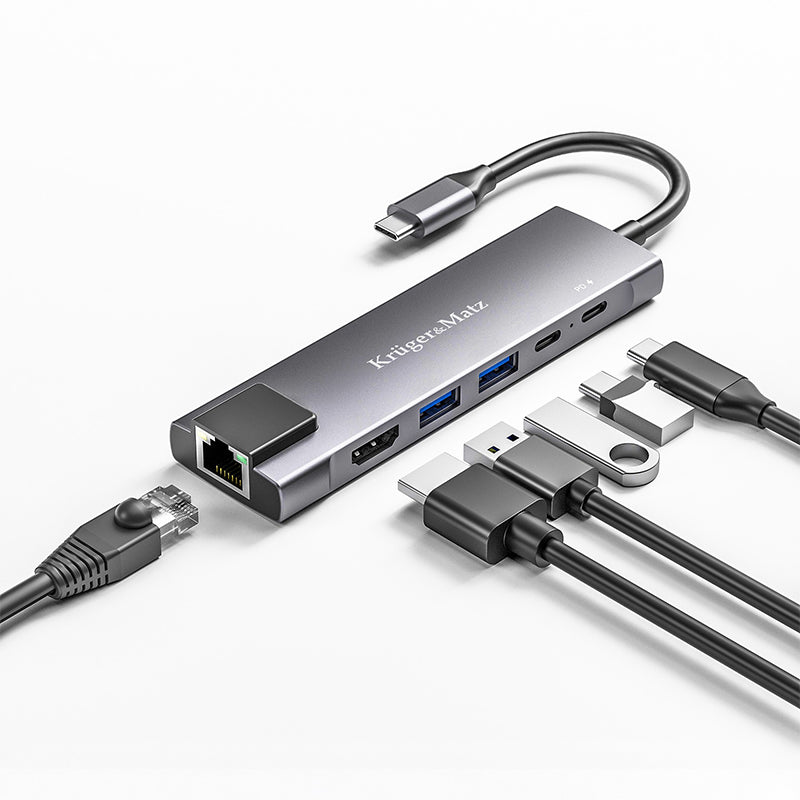 Adaptor hub USB Tip-C cu HDMI, 2× USB 3.0, USB-C și RJ45 Kruger Matz KM0391.2