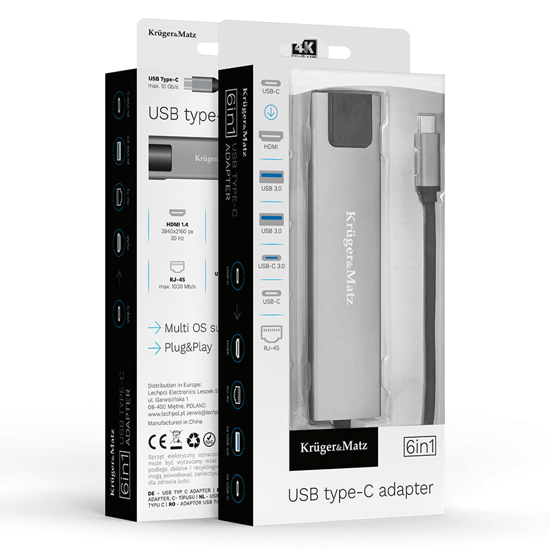 Adaptor hub USB Tip-C cu HDMI, 2× USB 3.0, USB-C și RJ45 Kruger Matz KM0391.2