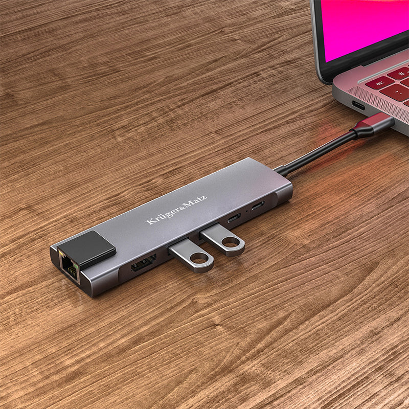 Adaptor hub USB Tip-C cu HDMI, 2× USB 3.0, USB-C și RJ45 Kruger Matz KM0391.2