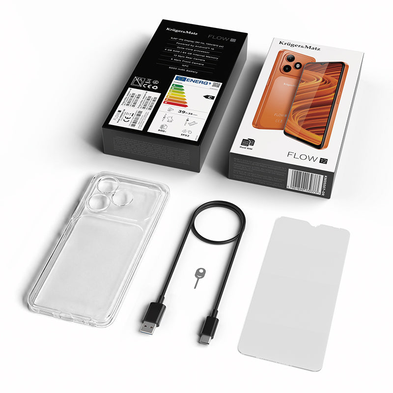 Smartphone Flow 12 cu ecran IPS de 6,56 inci, 4 GB/64 GB și baterie 5000 mAh, portocaliu Kruger Matz KM05007-OR