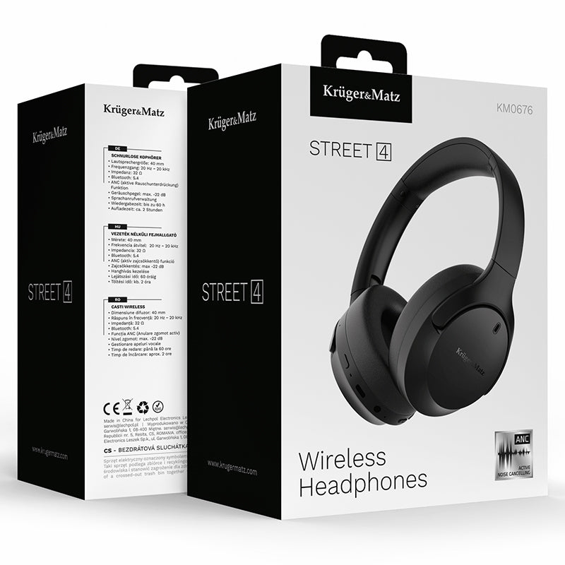 Căști wireless cu ANC Street 4 cu Bluetooth 5.4 și autonomie până la 60 de ore Kruger Matz KM0676-BK
