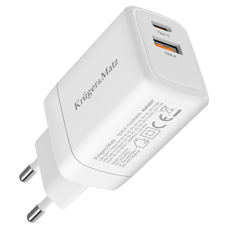 Încărcător rețea GaN 45W cu USB-C PD și USB-A QC Kruger Matz KM0856