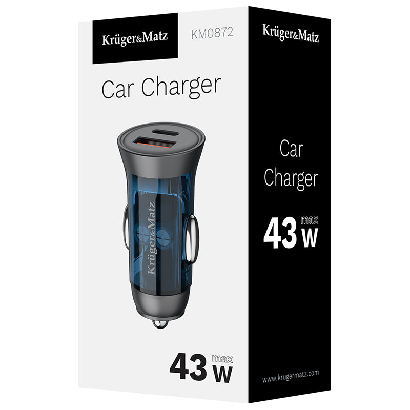 Încărcător auto cu USB-A și USB Type-C de 43 W cu încărcare rapidă QC și PD Kruger Matz KM0872
