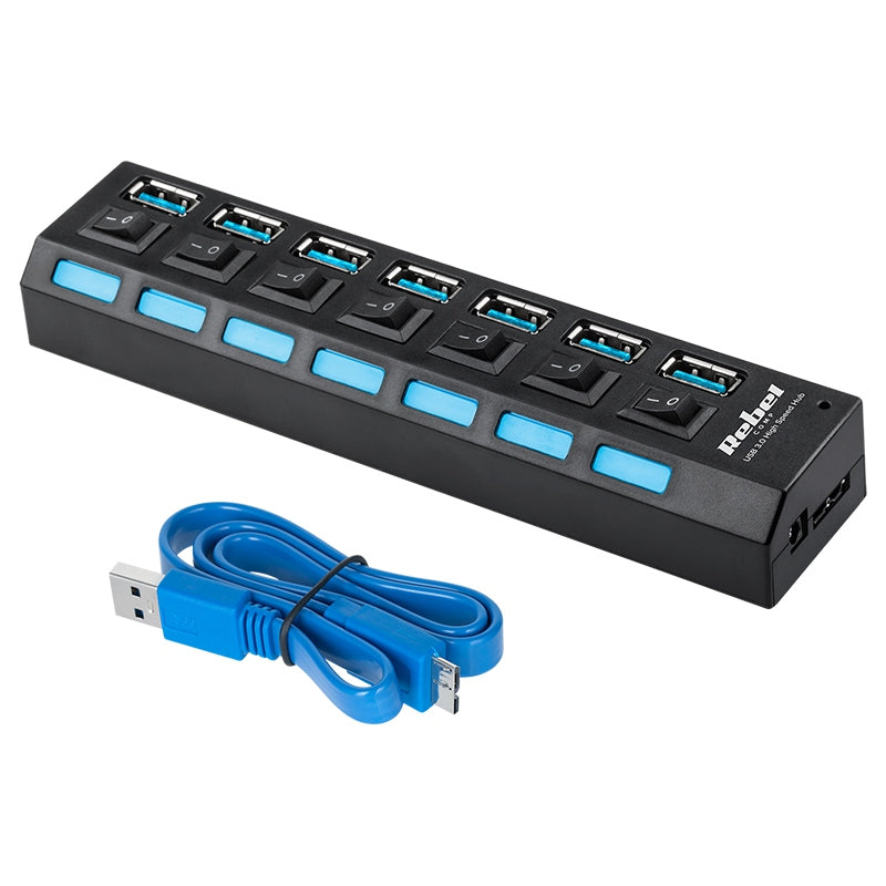 Hub USB 3.0 cu 7 porturi, Plug & Play, negru Rebel KOM0941