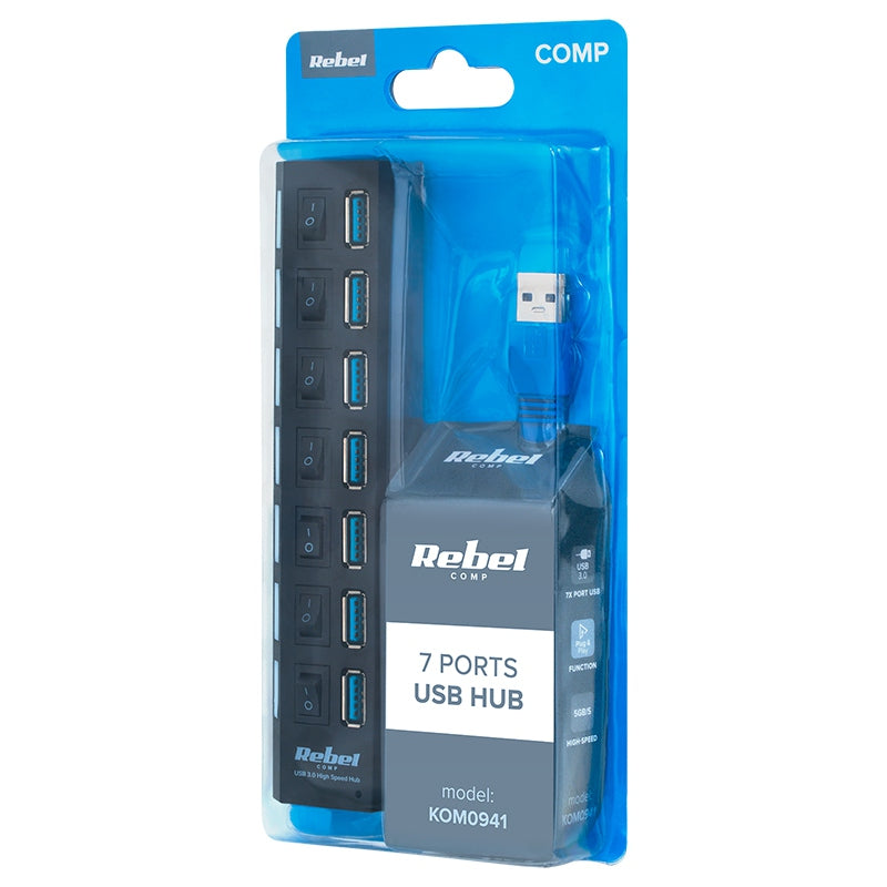 Hub USB 3.0 cu 7 porturi, Plug & Play, negru Rebel KOM0941