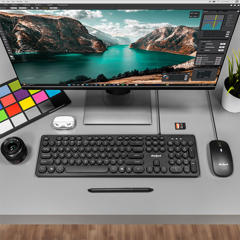 Kit tastatură și mouse cu fir WDS200 cu conexiune USB și mouse optic 1600 dpi Rebel KOM1027