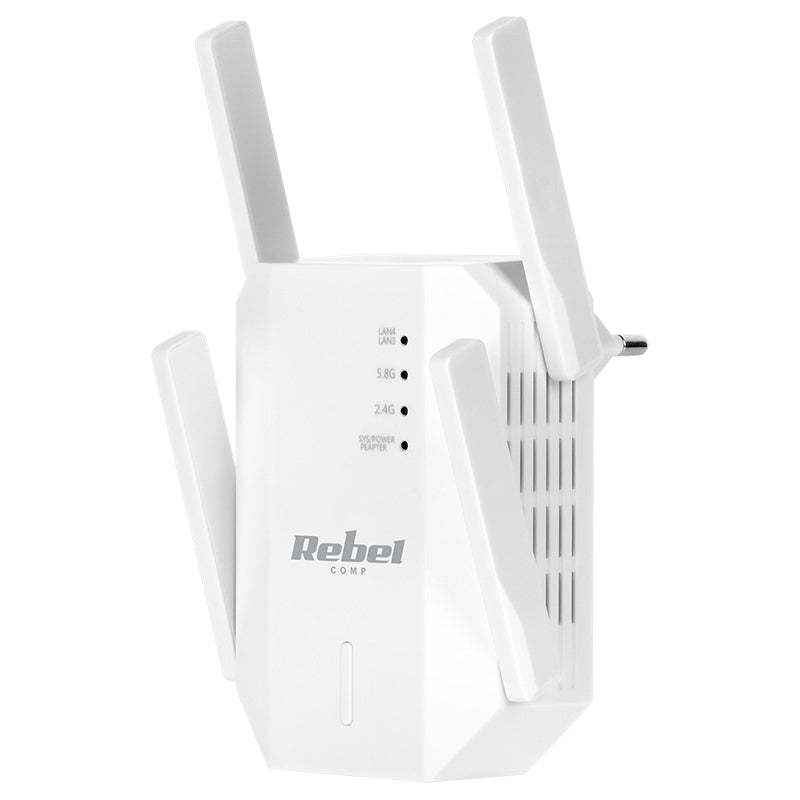 Repetor Wi-Fi dual band 2,4 GHz / 5 GHz cu 4 antene externe și 2 porturi RJ45 Rebel KOM1031