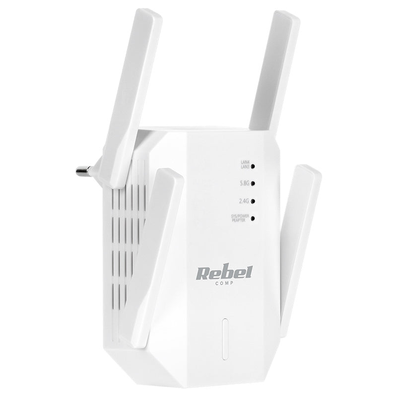 Repetor Wi-Fi dual band 2,4 GHz / 5 GHz cu 4 antene externe și 2 porturi RJ45 Rebel KOM1031