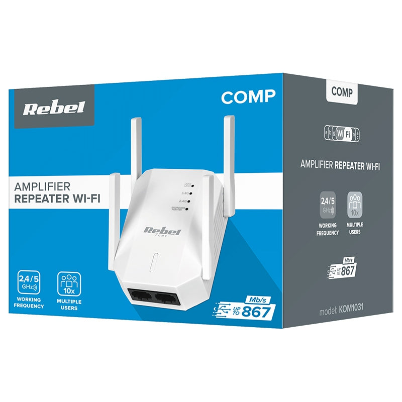 Repetor Wi-Fi dual band 2,4 GHz / 5 GHz cu 4 antene externe și 2 porturi RJ45 Rebel KOM1031
