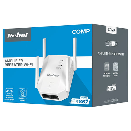Repetor Wi-Fi dual band 2,4 GHz / 5 GHz cu 4 antene externe și 2 porturi RJ45 Rebel KOM1031