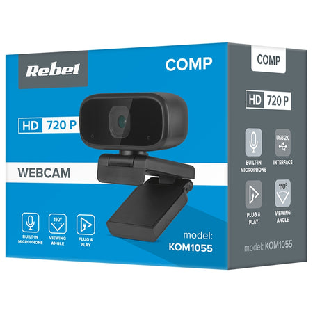 Cameră web HD 720p cu microfon stereo și unghi de vizualizare 110° Rebel KOM1055