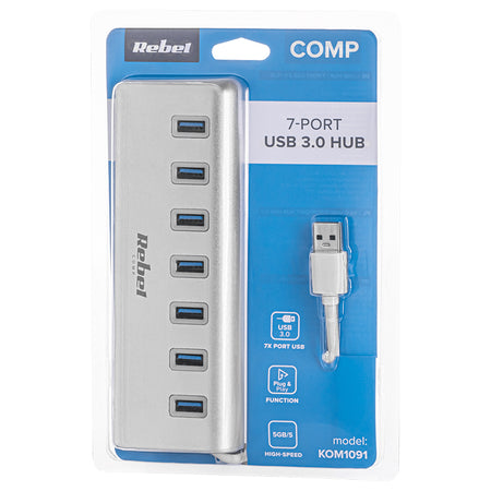 Hub USB 3.0 activ cu 7 porturi și viteză până la 5 Gb/s Rebel KOM1091