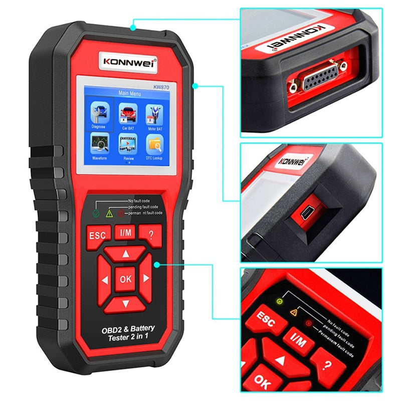 Scaner diagnostic auto OBD2 cu 10 moduri și citire VIN Konnwei KW870