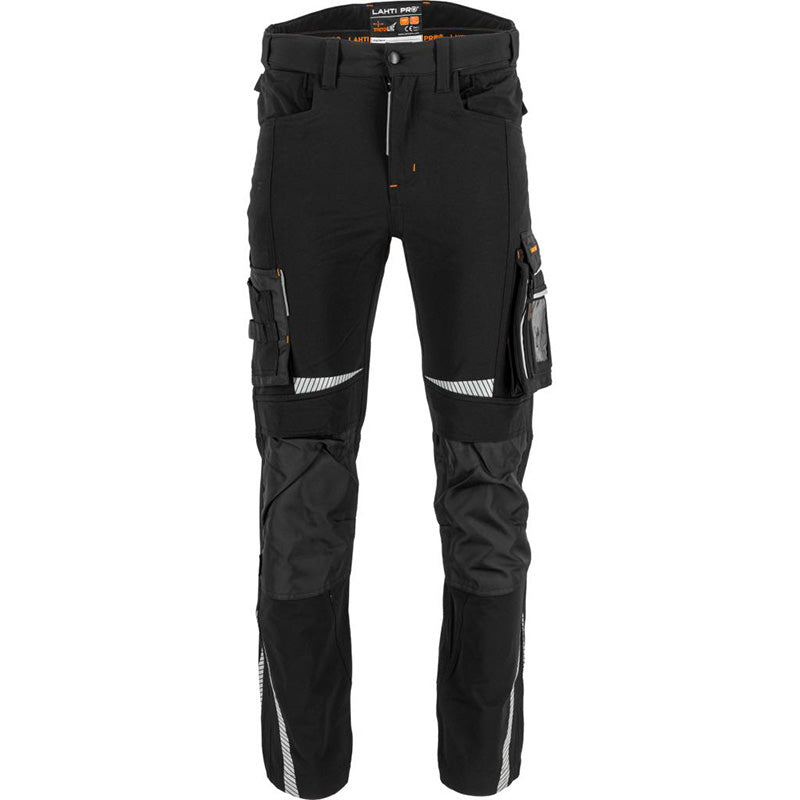Pantaloni lucru slim-fit super-elastici LAHTI PRO cod L40558, material elastic 4 direcții, elemente reflectorizante