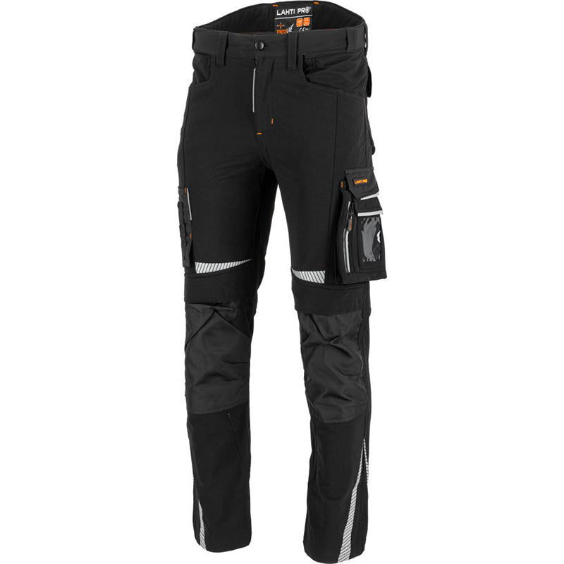 Pantaloni lucru slim-fit super-elastici LAHTI PRO cod L40558, material elastic 4 direcții, elemente reflectorizante