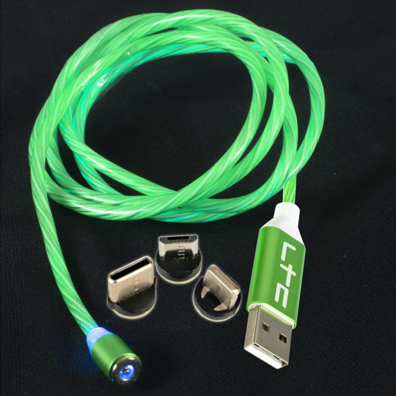 Cablu 3 în 1 USB-C/iPhone/Micro USB, LED verde, 1 m, magnetic LTC MAGIC-CABLE-G