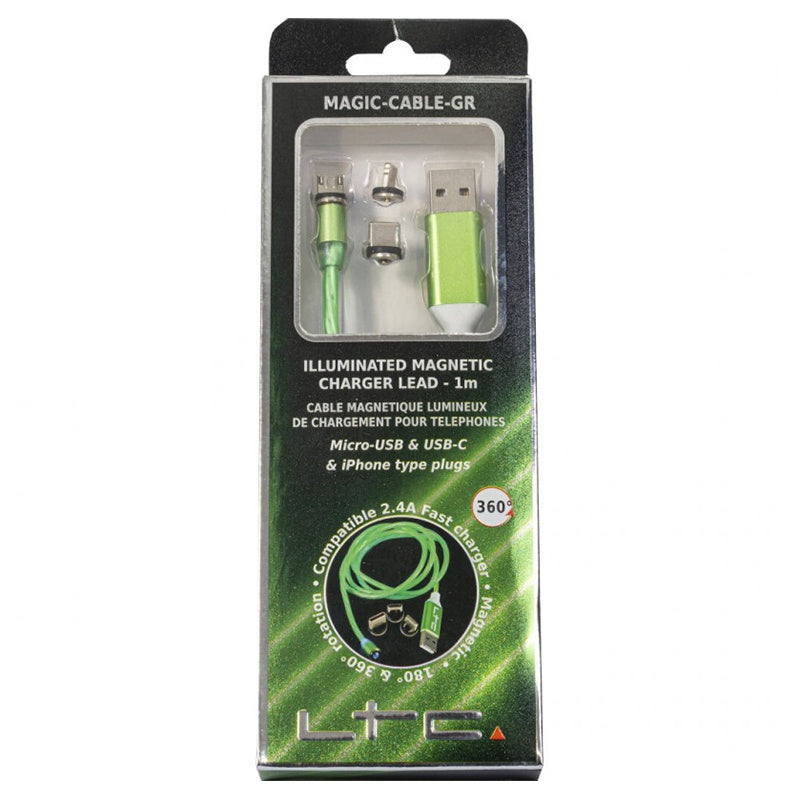 Cablu 3 în 1 USB-C/iPhone/Micro USB, LED verde, 1 m, magnetic LTC MAGIC-CABLE-G