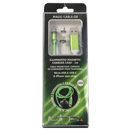 Cablu 3 în 1 USB-C/iPhone/Micro USB, LED verde, 1 m, magnetic LTC MAGIC-CABLE-G