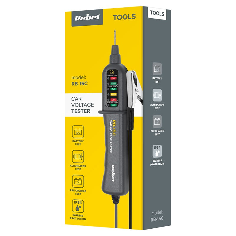 Detector tensiune auto pentru test alternator și baterie 12 V cu IP 54 și cablu 88 cm Rebel MIE-RB-15C