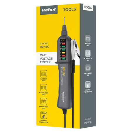 Detector tensiune auto pentru test alternator și baterie 12 V cu IP 54 și cablu 88 cm Rebel MIE-RB-15C