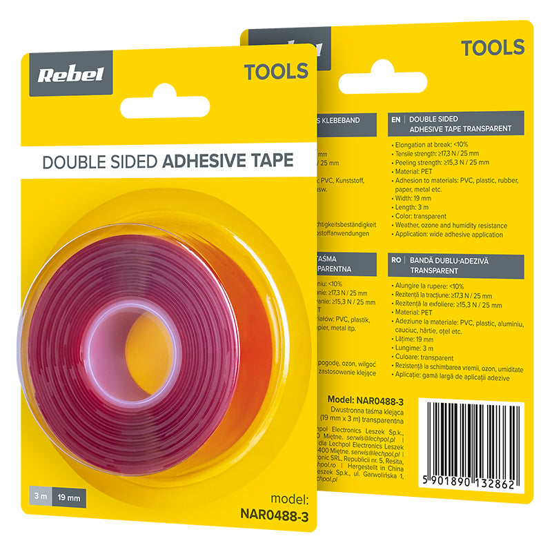 Bandă dublu adezivă transparentă PET de 19 mm × 3 m Rebel NAR0488-3
