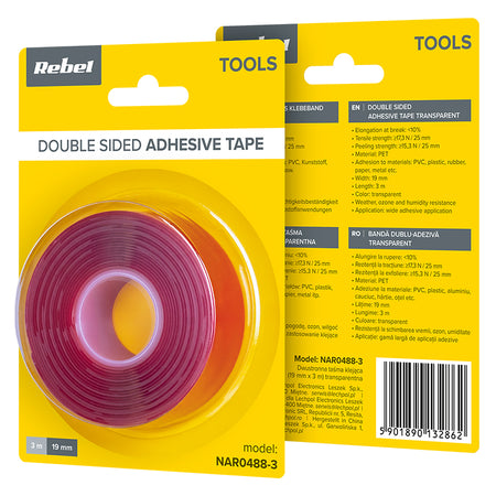 Bandă dublu adezivă transparentă PET de 19 mm × 3 m Rebel NAR0488-3