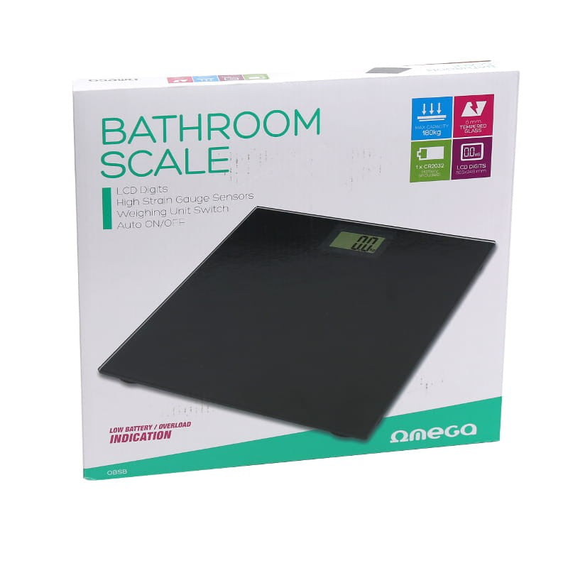 Cântar de baie din sticlă neagră cu afișaj LCD și capacitate 150 kg Omega OBSB