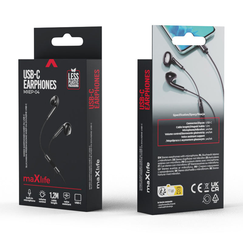 Căști stereo USB-C, cablu 1,2 m, microfon, negre Maxlife OEM0002421