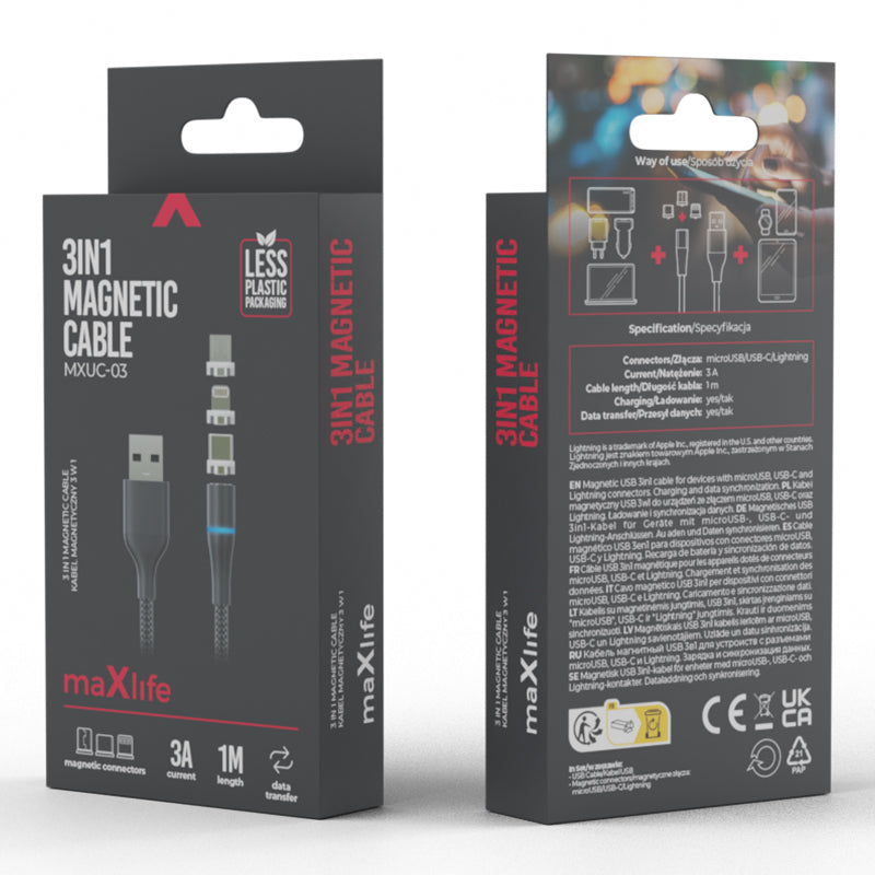 Cablu magnetic 3 în 1 USB-C/Lightning/Micro USB 1 m negru Maxlife OEM001960