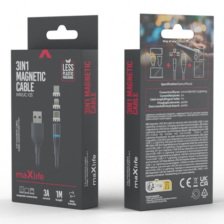Cablu magnetic 3 în 1 USB-C/Lightning/Micro USB 1 m negru Maxlife OEM001960