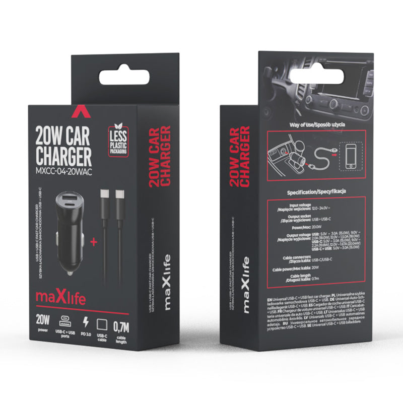Încărcător auto MXCC-04 cu USB-A și USB-C de 20 W și cablu USB-C 60 W Maxlife OEM0400390