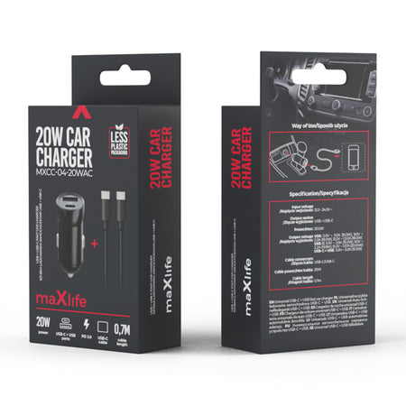 Încărcător auto MXCC-04 cu USB-A și USB-C de 20 W și cablu USB-C 60 W Maxlife OEM0400390