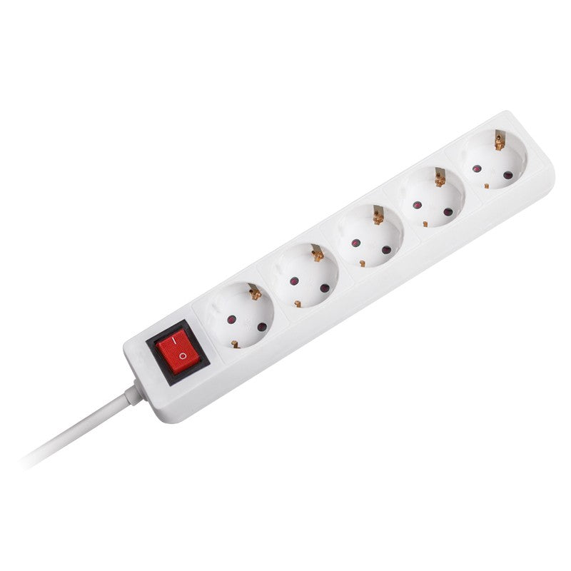 Prelungitor alb cu 5 prize cu împământare și întrerupător cu cablu de 3 m 3×1,5 mm² Omega OL5G3W